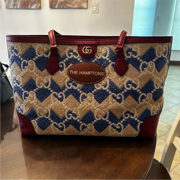 Gucci The Hamptons Ophidia Shopping Tote Straw Effect GG Raffia Women's limited - Picture 3 of 13